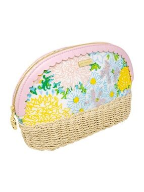 New Lilly Pulitzer Pastel Floral Straw Scalloped Zipper Makeup Toiletry Pouch